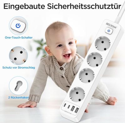 8 En 1 Multiprise 4 USB Avec Interrupteur, 4 Prises