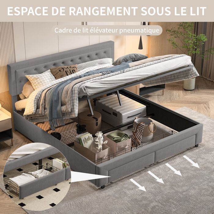 Lit Coffre 160x200 Cm Avec Sommier Et 2 Tiroirs, Style Industriel, Lit En Métal, Lit Adulte Avec