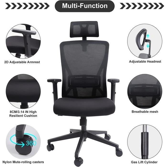 Dripex Chaise de bureau ergonomique réglable avec appuie-tête 2D et support  dorsal pour bureau et maison (Noir)[274] - Cdiscount Maison
