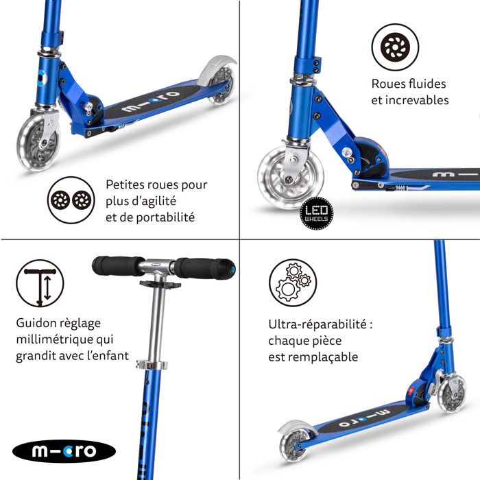 Micro® Micro Sprite LED Trottinette à 2 roues pour enfants - Trottinette et poignées pliables - Roues avec éclairage LED - Légère et réglable en hauteur - 5-12 ans
