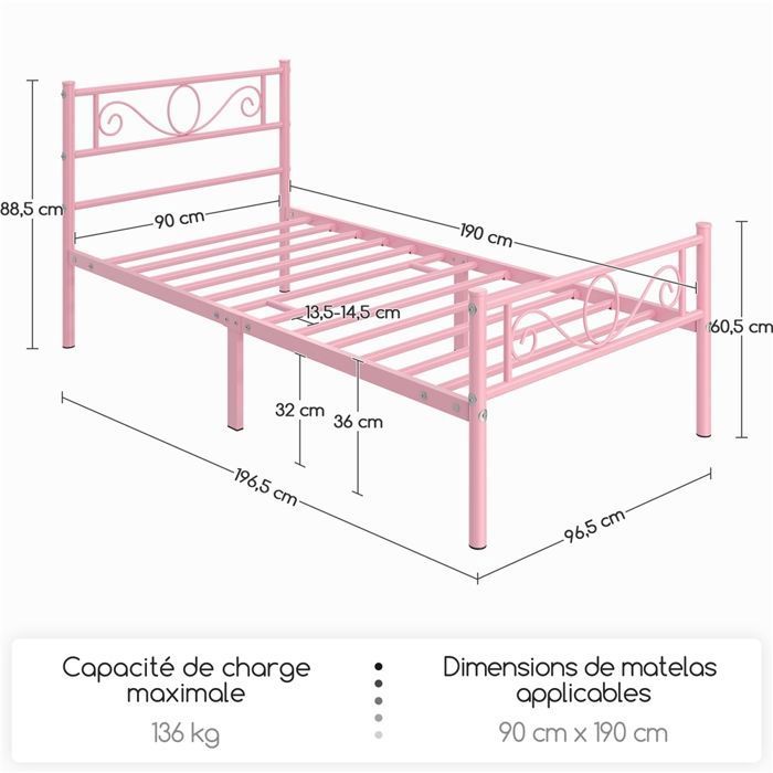 Lit Simple Cadre de lit en métal 90 x 190 cm, pour Adultes Enfants, Pas