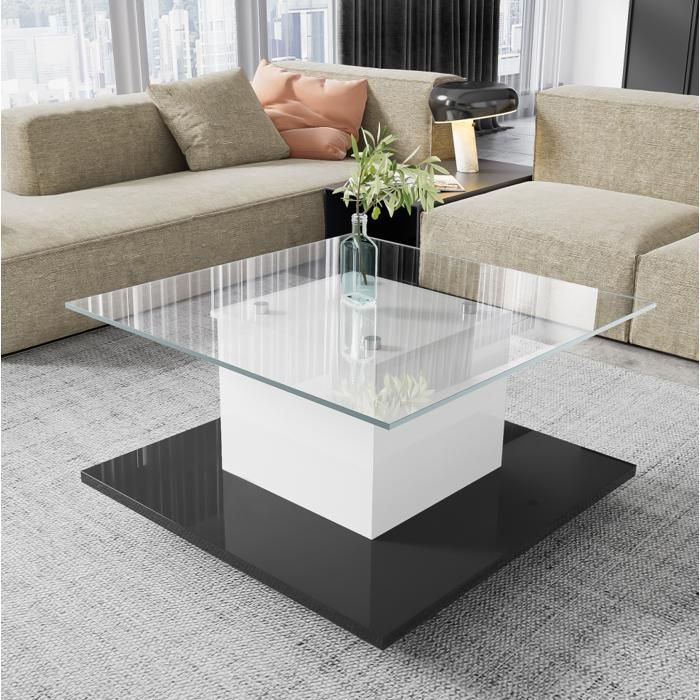 Table basse avec plateau en verre trempé, LED réglable et roulettes ...