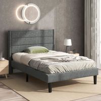 Lit simple pour adulte ou enfant avec sommier 90 x 200 cm 1 place, Tête de lit rembourré, Style scandinave, Lin gris