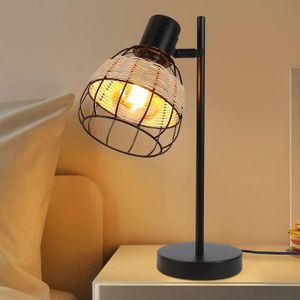 LAMPE A POSER Lampe à poser Homefire E27 vintage - 13.7 x 2.8 x 38 cm - avec interrupteur et abat-jour en bambou - Rotin et métal - Noir