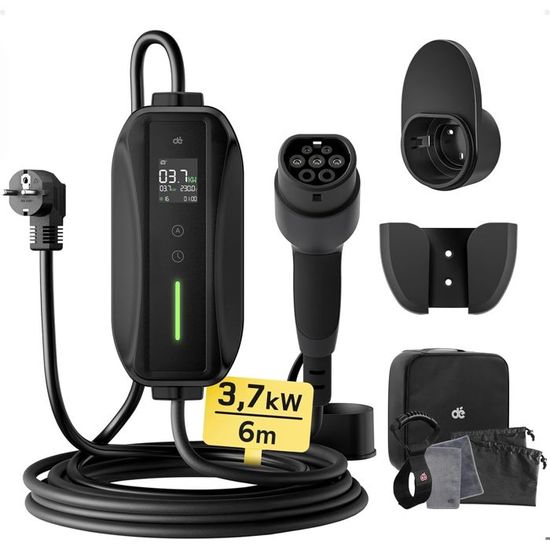 Yigowyigo Chargeur Voiture Électrique 3,68 KW Type 2 – 6-16A Réglable, Écran LCD, 6m Câble + Support Mural