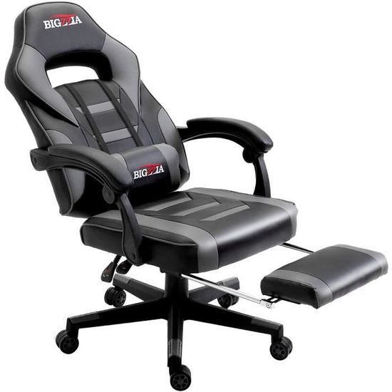 BIGZZIA® Chaise de bureau GAMING fauteuil ergonomique avec coussins, siège style racing racer gamer chair, gris&noir
