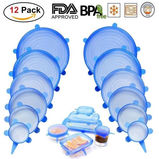 12 Couvercles Silicone Alimentaire Extensibles - Adaptables Boîtes Conserve, Bocaux, Verres - Conservation Sans BPA