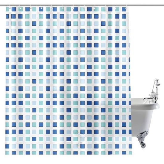 Rideau de Douche Imperméable avec 12 Crochets pour Salle de Bains Conception en Treillis Lavable (Bleu, 180 x 200 cm)