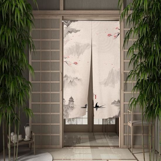 Rideau De Porte Japonais Noren - 80x130 Cm, Tissu Polyester, Motif Ukiyo-e, Tringle Incluse