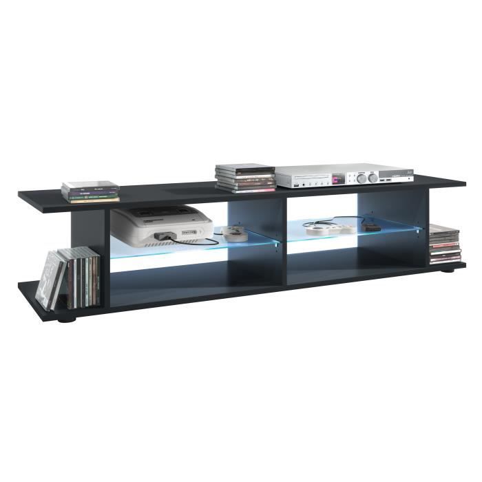 Vladon Meuble TV Movie V3 Lowboard 134 x 29 x 37 5 cm avec 6 compartiments ouverts éclairage LED inclus Bleu caisson en Noir mat