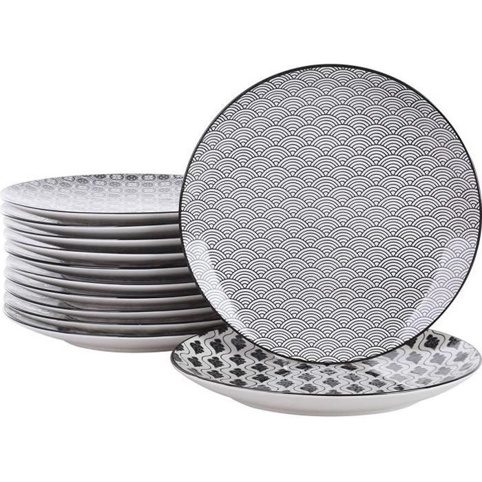 Vancasso HARUKA 12pcs Assiettes Plates Porcelaine à Dessert 27cm Plat Service de Table Vaisselles 4 Motifs Japonais NOIR