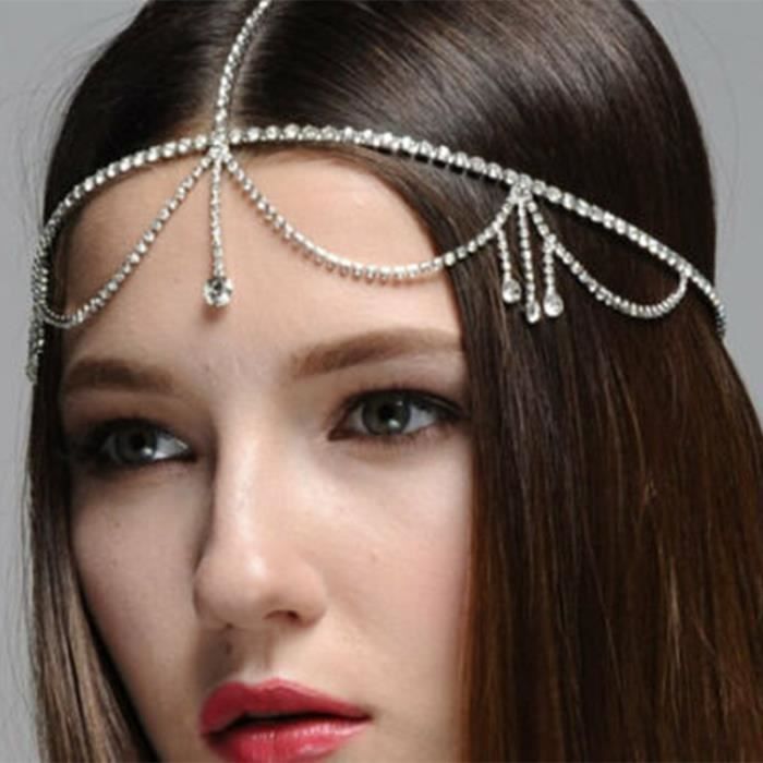 Nouveau luxe Boho tête de mariée chaîne bijoux cristal front accessoires de cheveux pour les - Modèle: Plaqué Argent - MIZBFSB04364