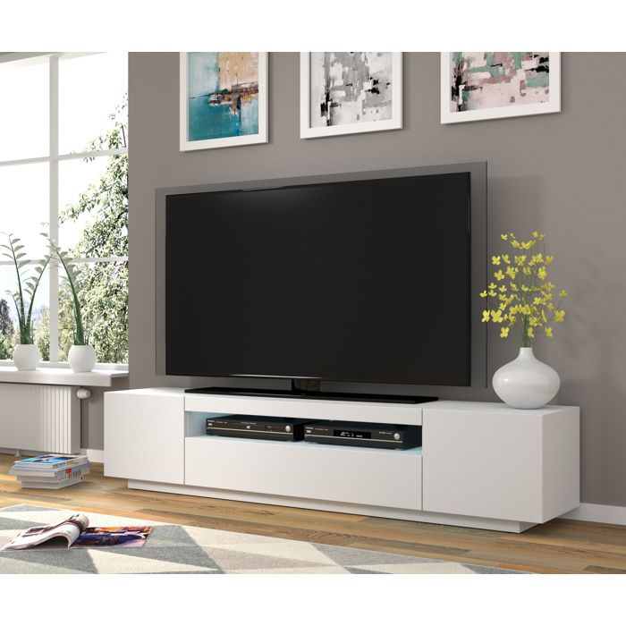 Meuble TV bas universel Aura 200 cm à suspendre ou à poser blanc mat sans LED