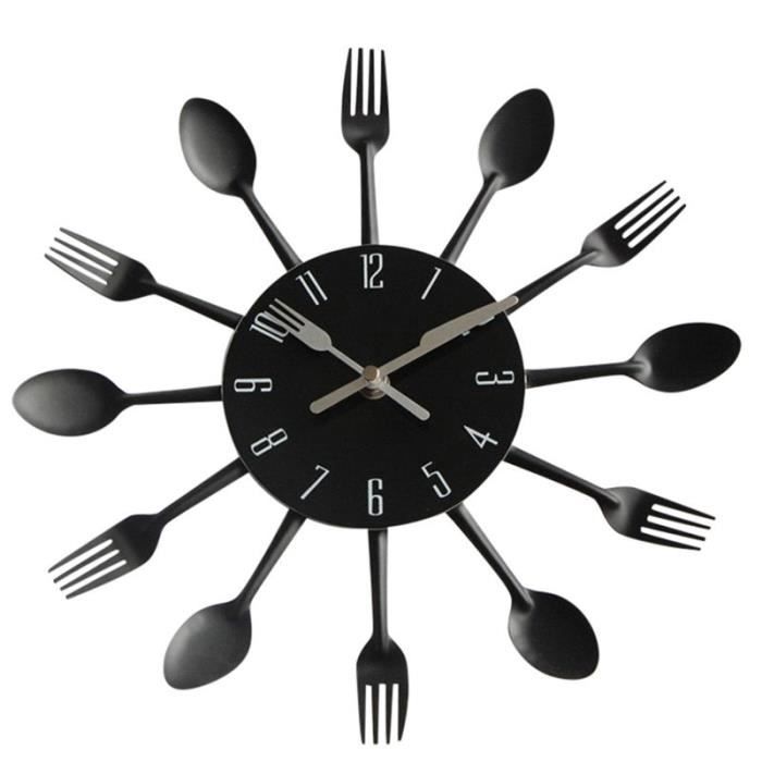 Horloge,Horloge murale décor Design moderne argent couverts ustensile de cuisine horloge murale cuillère fourchette - Type Black