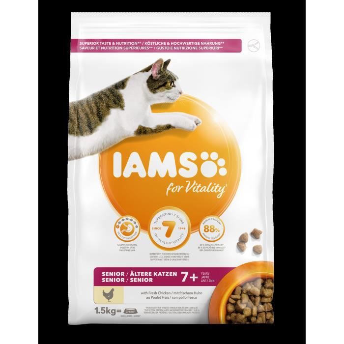 IAMS Vitality Croquettes premium chats séniors - Favorise Longévité - Au poulet frais – Sans OGM - 1,5 kg
