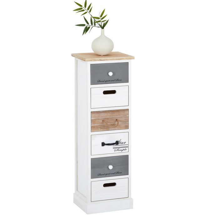 Chiffonnier SALVA petite commode avec 6 tiroirs en bois de paulownia style shabby chic vintage rustique blanc