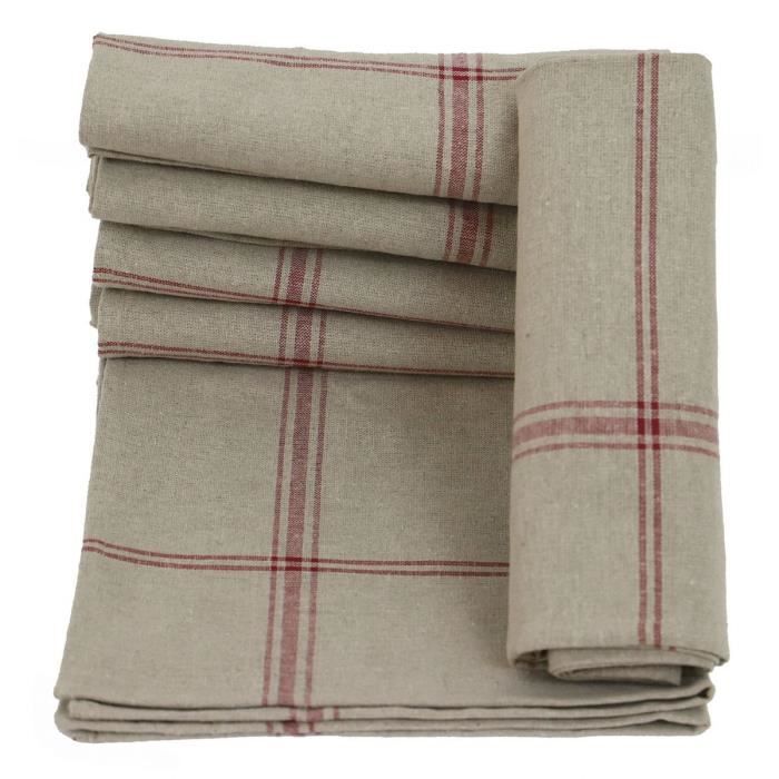 LINANDELLE - Lot de 6 torchons de cuisine pur Lin NORMANDIE - Rouge