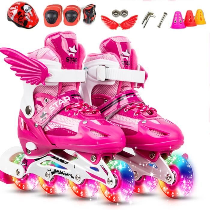 Roller In Line Roues LED Illuminées Pour Enfants, Patins à Roulettes Pour Filles Et Garçons - Rose - Avec Cadeaux Casque Etc