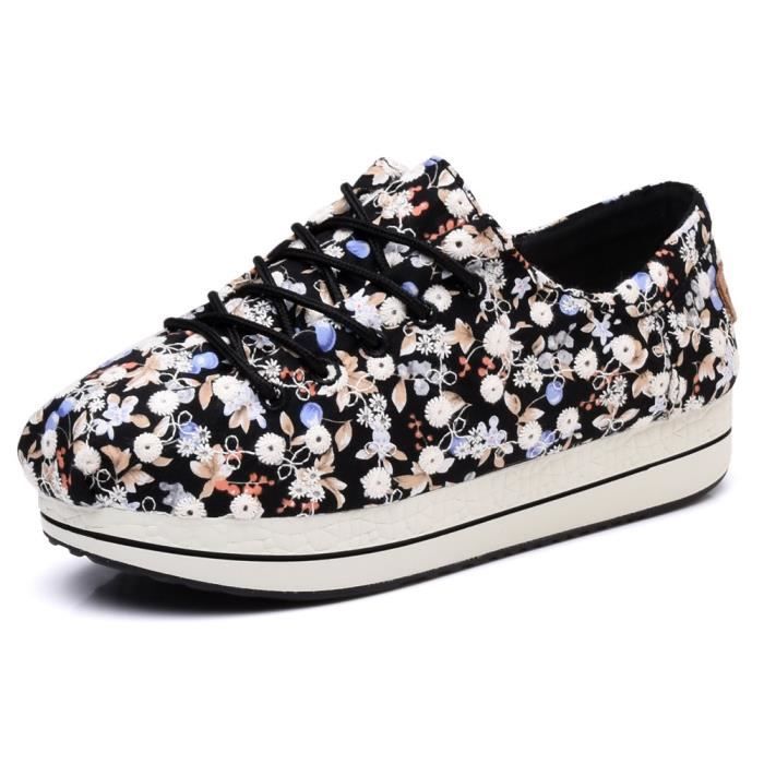 Sandale De Randonnee YLPIB Women's Floral Canvas Elastic Platform Shoes Lace-up Low Top Sneakers Taille-37 1-2