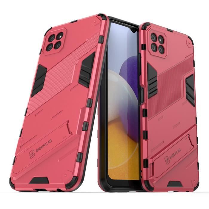Coque Samsung Galaxy A22 (5G), Rose rouge Antichoc Armure Dur Robuste Support Punk Bumper Protection Double Couche Renforcée