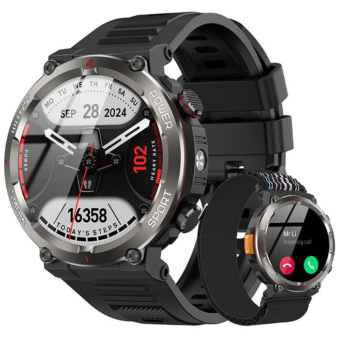 Blackview W50 Pro Montre Connectée Bluetooth 960mAh Anti-chute,1.45" Smartwatch avec Lampe de poche à LED - Noir