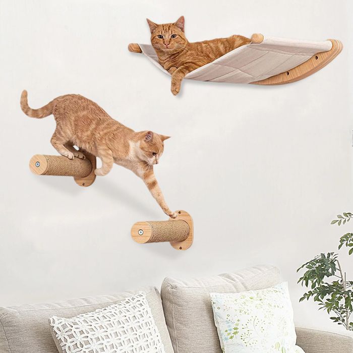 Meilleurs prix pour SUPFINE Set de Mur d'escalade pour Chats, Arbre à Chat, 3 pièces de Meubles pour Chats en Bois Massif, Lit pour chat 53.5*46.5cm