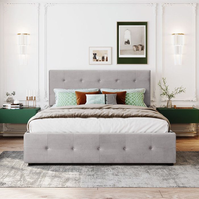 Lit double 140x200 cm - Tissu velours - Tiroirs de rangement - Tête de lit rembourrée - Style classique