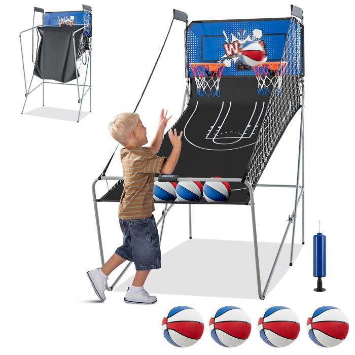 GOPLUS Jeu de Basketball Arcade Pliable, 2 Paniers et 4 Ballons, 8 Modes de Jeux, Capteur Électrique, LED Score, 4 Bouton Fonctionnement, 207x108x205CM (Bleu-Wow