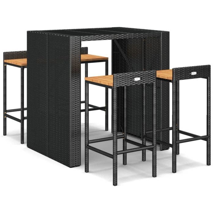 Soldes Dété* Mobilier dextérieur/ Ensemble de bar jardin - 5 pcs - noir poly rotin/bois massif acacia - Anti corrosion FR5025268