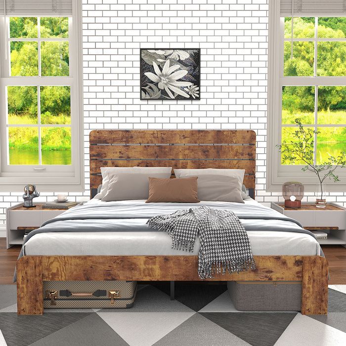 Lit double 140 x 200 cm style ancien fer et bois tête de lit haute marron - sommier à lattes inclus