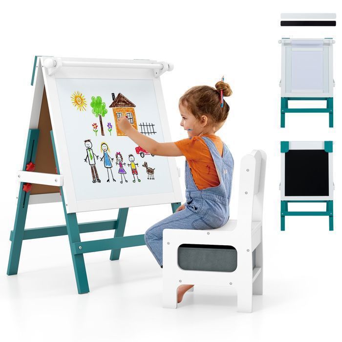Arkyomi Tableau Double Face Enfant – Ardoise, Blanc, Rouleau Papier – Réglable En Hauteur – Vert
