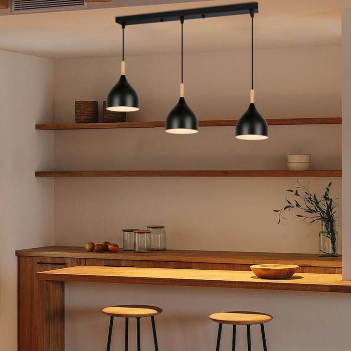 WOTTES 3 Lampes Suspension Vintage Lustre Noir E27 Plafonnier Bois Luminaire Style Industriel éclairage Pour Cuisine (Barre)