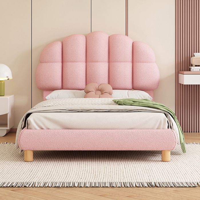 Lit Simple 90x200 cm - Lit Enfant en molleton circulaire - Tête de lit en forme de nuage - Sommier à lattes - Rose