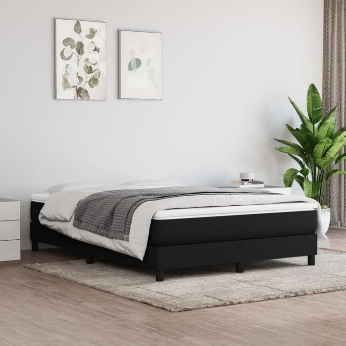 Cadre de lit à ressorts - Happiness - 140x190 cm - Noir - Tissu polyester - Contreplaqué - Bois dingénierie