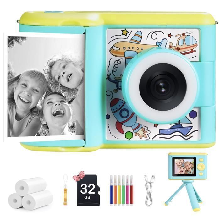 Appareil Photo Instantané Enfant 24MP 1080P – Avec Carte 32GB Et 3 Rouleaux De Papier – Cadeau 3-12 Ans (bleu)