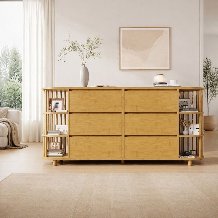 Buffet bas 160 cm EVRYAE avec 6 tiroirs et étagères ouvertes style rétro romain bambou et MDF coloris chêne