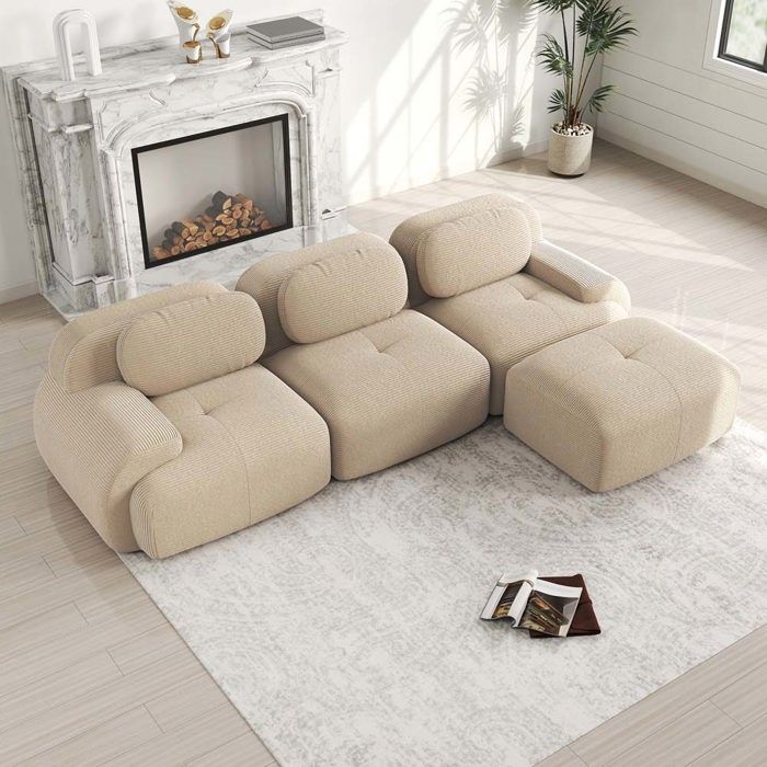Canapé modulable - Canapé dangle 3 places - Velours côtelé beige - Mousse HR 32D - Livré monté angle réversible