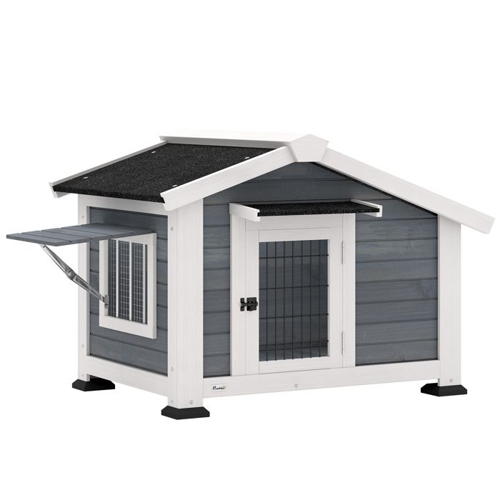 Meilleurs prix pour Niche pour chien extérieur - PawHut - plancher amovible auvent de porte et toit imperméable - bois - 98x76x695cm - gris