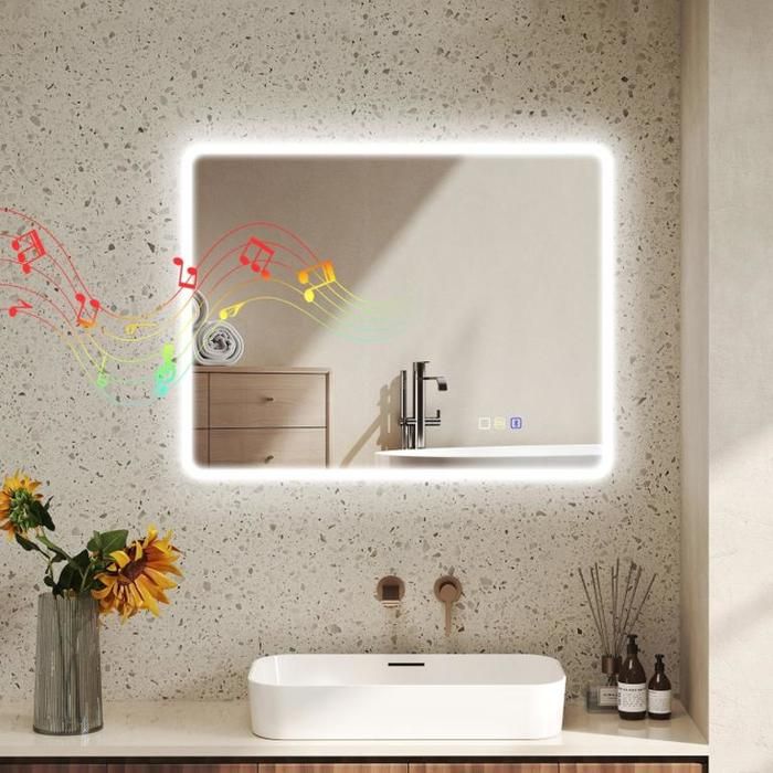 Miroir de salle de bain LED Bluetooth 70 x 90 cm interrupteur tactile éclairage réglable 3 couleurs finition argent mémoire