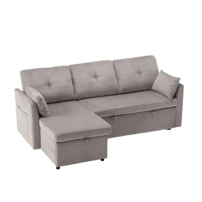 Muvoe Canapé dangle convertible réversible 4 places - MaisonLuna - Tissu velours côtelé - Coffre de rangement - Gris clair