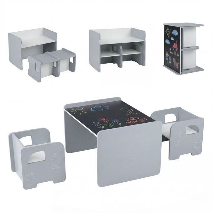 Ensemble 1 Table et 2 Chaises COSTWAY pour Enfants- Tableau Noir et Rangements MDF 3 Ans+ModulaireMontessori Gris