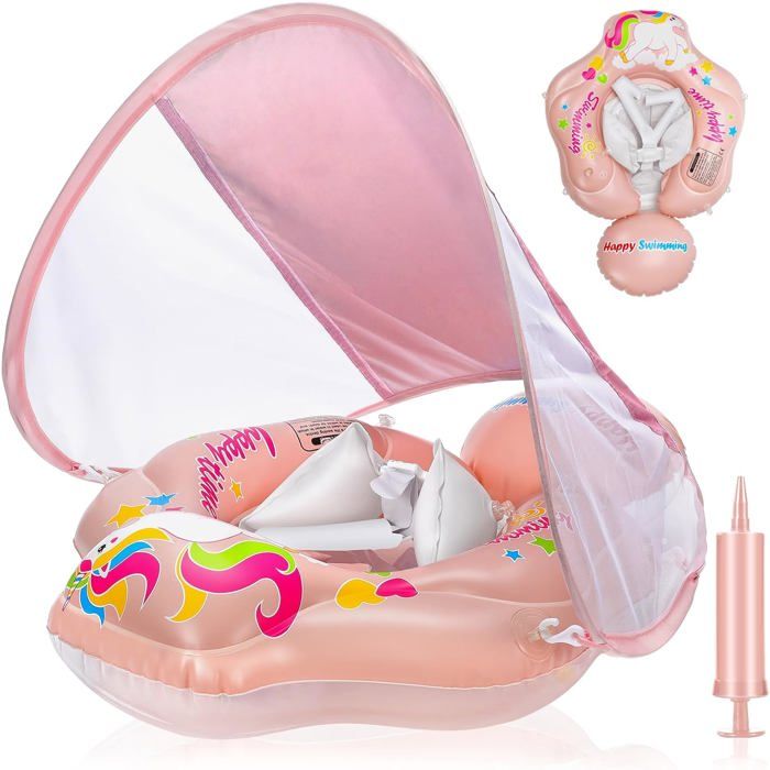 Bouée Bébé Avec Pare-Soleil UPF 50+ – PVC 0,35 Mm – Harnais 360° – 6 à 36 Mois – 5-20 Kg – Pompe Et Patch Inclus – Rose