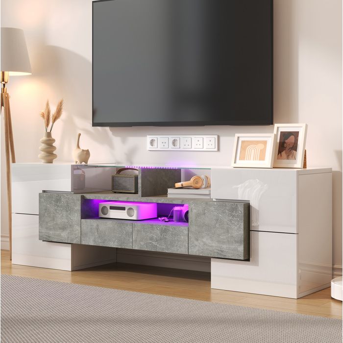 Meuble TV 145 cm blanc brillant et effet béton avec LED multicolore surface en verre 6 portes 2 tiroirs