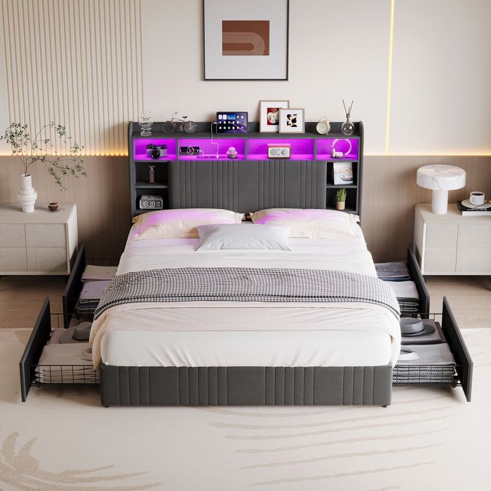 lit double 140x200cm lin gris rangement tiroirs tête lit bibliothèque éclairage RGB USB type-C sommier lattes chambre moderne