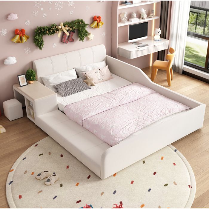 Lit combiné enfant 140 x 200 cm blanc en velours avec bureau tabouret et étagère