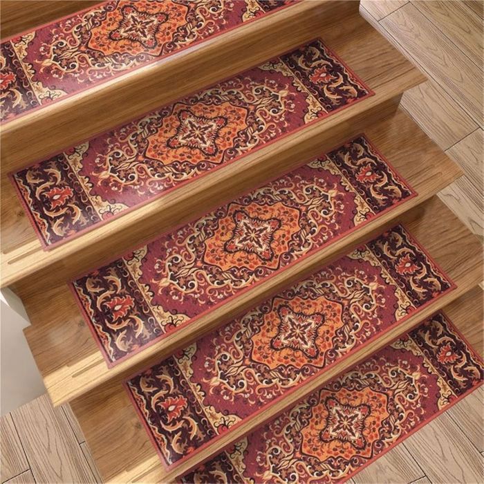 Lot de 5 tapis de marche antidérapants pour escalier 76 x 20 cm orange rouge motif européen