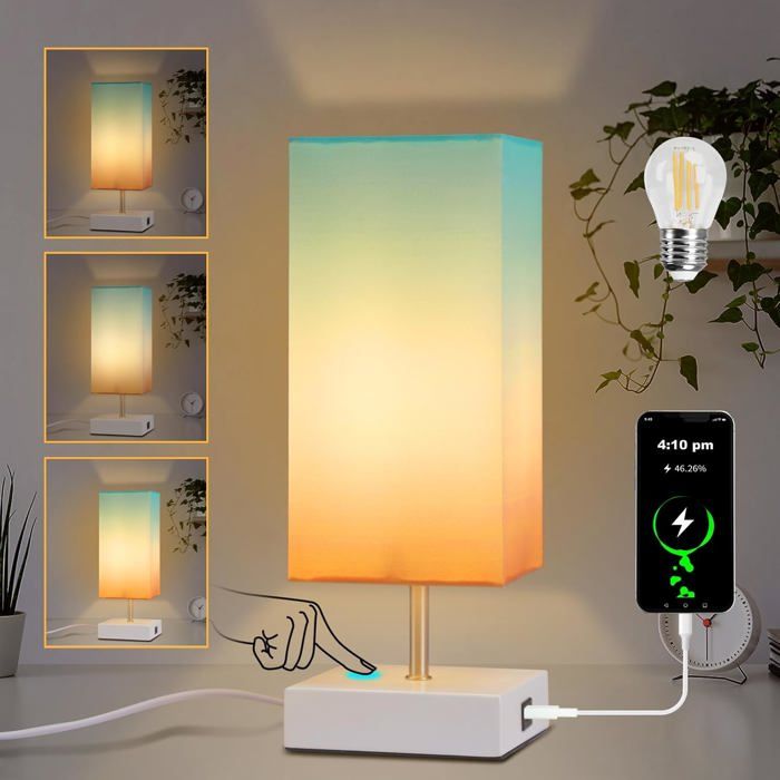 Lampe De Chevet À Intensité Variable Avec Ports De Charge Usb - E27 Lampe De Bureau Moderne Avec Abat-Jour En Lin Coloré - P[LL866]