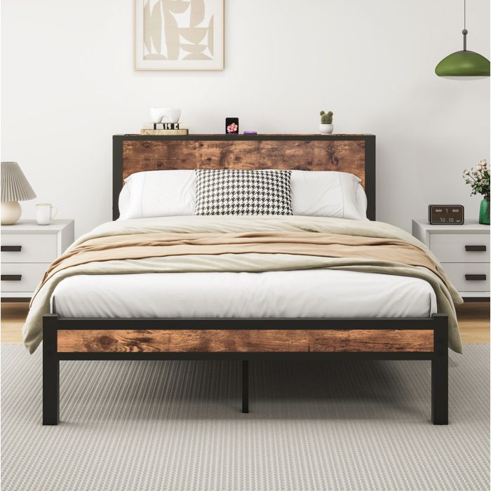 COVREO Lit plateforme métal 140x200 cm avec tête de lit rangement sans sommier MDF brun antique