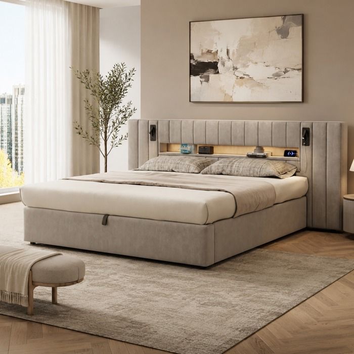 Lit coffre 180x200 cm avec ports USB-A/USB-C LED lampe de chevet rangement velours gris structure à lattes FOLYNA