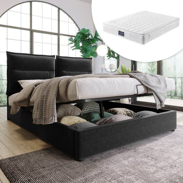 Lit coffre 140x200 avec matelas 7 zones tête de lit réglable hydraulique velours noir capacité 220 kg